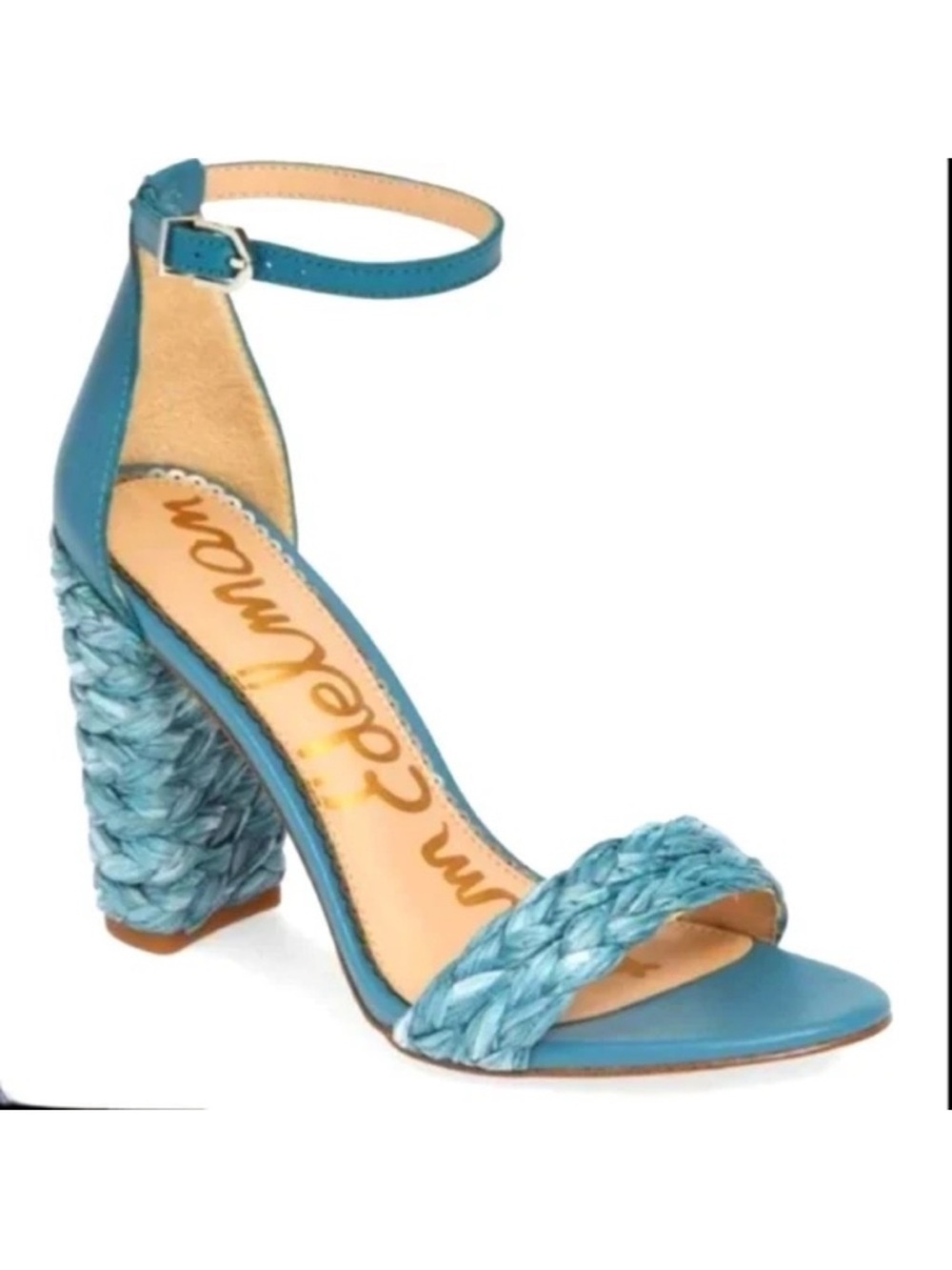 Sam Edelman Braided Yoana Raffia & Leather Ankle Strap Heels
